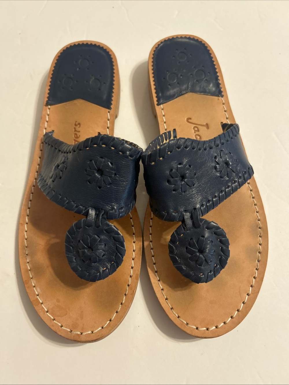 Jack Rogers Navy Leather Whipstitched Toe-Post Sandals - Picture 1 of 5